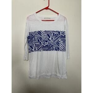 Peruvian Connection Size Small White Blue 3/4 Sleeve Cotton Top Tribal Slub Knit